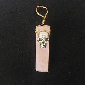 Rose Quartz Cabochon with Metal Skull Pendant
